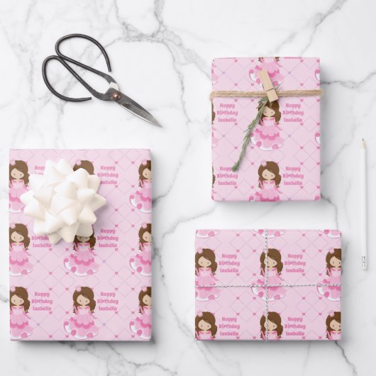 Schattige Prinses Verjaardag Roze Gepersonaliseerd Inpakpapier Vel (Voorkant)