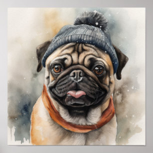 Schattige pug die een leuk mutsje draagt poster