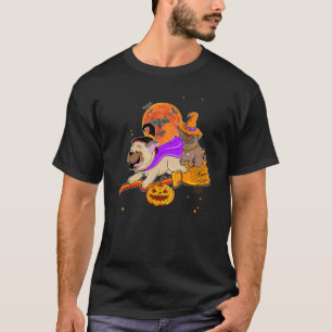 Schattige Pug die op Bezemsteel Heksen Halloween K T-shirt