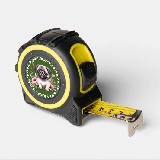 Schattige Pug Dog Foto Paws Harten Lijst Bos Groen Rolmaat (Hoek)