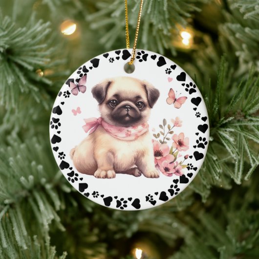 Schattige Pug Dog Paws Hearts Aangepaste foto Keramisch Ornament (Boom)