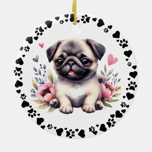 Schattige Pug Dog Paws Hearts Aangepaste foto Keramisch Ornament (Achterkant)
