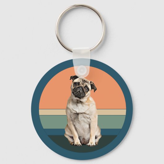 Schattige Pug Dog Retro Achtergrond Sleutelhanger (Voorkant)