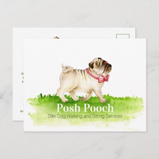 Schattige Pug Dog Wandelen en Zitdiensten Promo Briefkaart (Voorkant / Achterkant)