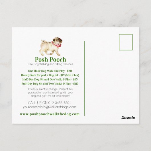 Schattige Pug Dog Wandelen en Zitdiensten Promo Briefkaart (Achterkant)