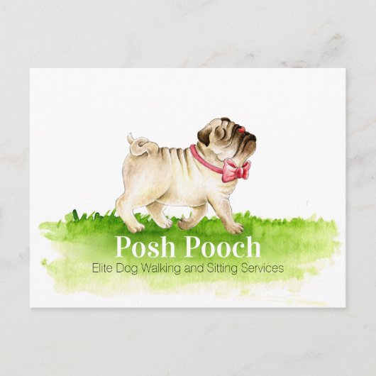 Schattige Pug Dog Wandelen en Zitdiensten Promo Briefkaart (Voorkant)