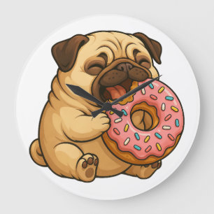 Schattige pug donut cartoon grappig knagend grote klok