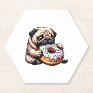 Schattige pug donut cartoon grappig knagend kartonnen onderzetters