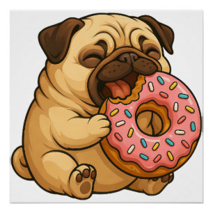 Schattige pug donut cartoon grappig knagend perfect poster