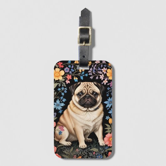 Schattige Pug Elegante Kleurrijke Bloemen Bagagelabel (Voorkant (verticaal))