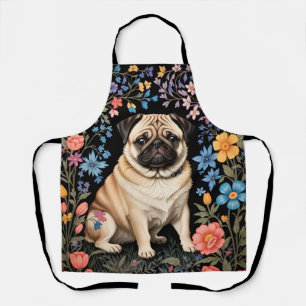 Schattige Pug Elegante Kleurrijke Bloemen Schort
