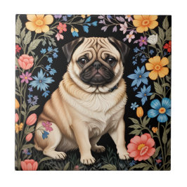Schattige Pug Elegante Kleurrijke Bloemen Tegeltje