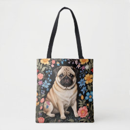 Schattige Pug Elegante Kleurrijke Bloemen Tote Bag