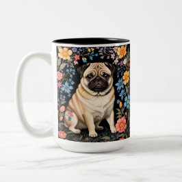 Schattige Pug Elegante Kleurrijke Bloemen Tweekleurige Koffiemok