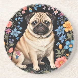 Schattige Pug Elegante Kleurrijke Bloemen Zandsteen Onderzetter