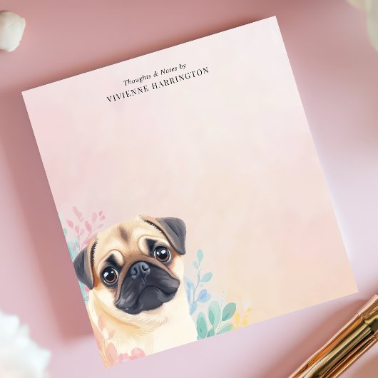 Schattige Pug en Pastel Waterverf Gepersonaliseerd Notitieblok