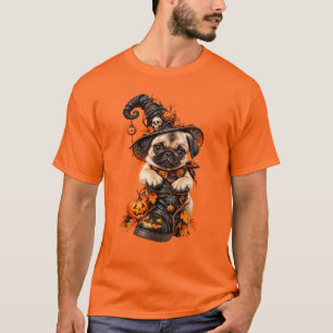 Schattige Pug Heks Halloween Pompoen T-shirt