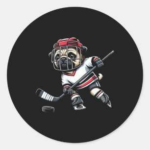 Schattige Pug Hockey Speler Hond Voor Mannen Vrouw Ronde Sticker