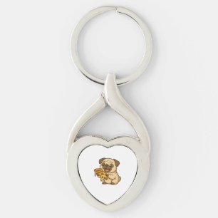 Schattige pug hond cartoon pizza liefhebber sleutelhanger