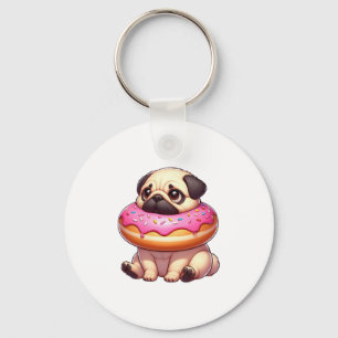Schattige pug-hond met donut als tussendoortje sleutelhanger