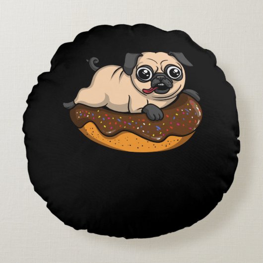 Schattige Pug Hond Rijdt Donut Grappig Huisdier Rond Kussen (Voorkant)