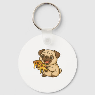 Schattige pug hond stripfiguur pizza liefhebber sleutelhanger