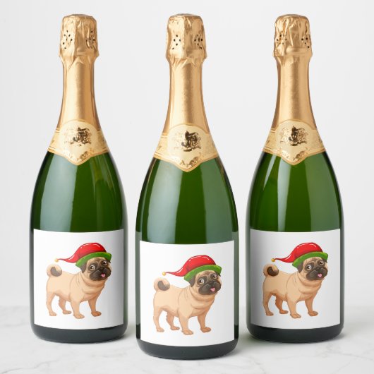 Schattige Pug in een Kerst Elf Pet Sparkling Wijnetiket (Flessen)