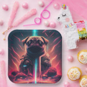 Schattige pug in Futuristic Robot Costume Papieren Bordje (Feest)