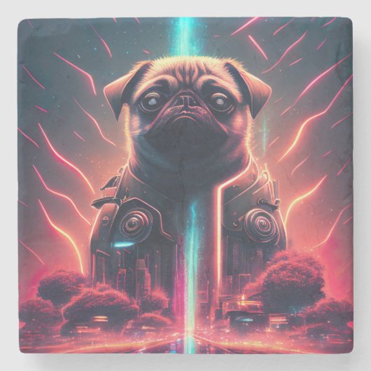 Schattige pug in Futuristic Robot Costume Stenen Onderzetter (Voorkant)