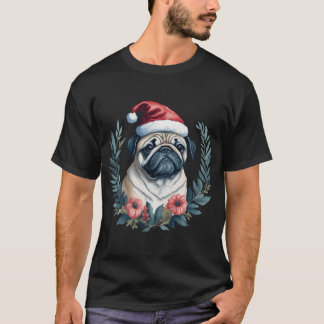 Schattige pug in kerstmuts in kerst bloemenkrans - t-shirt