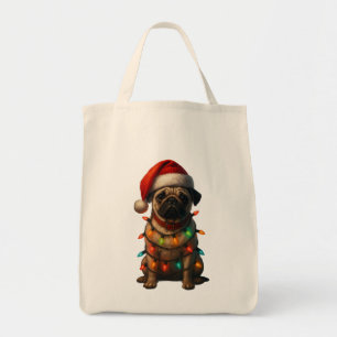 Schattige Pug Ingepakt in Kerstlichtjes met Kerstm Tote Bag