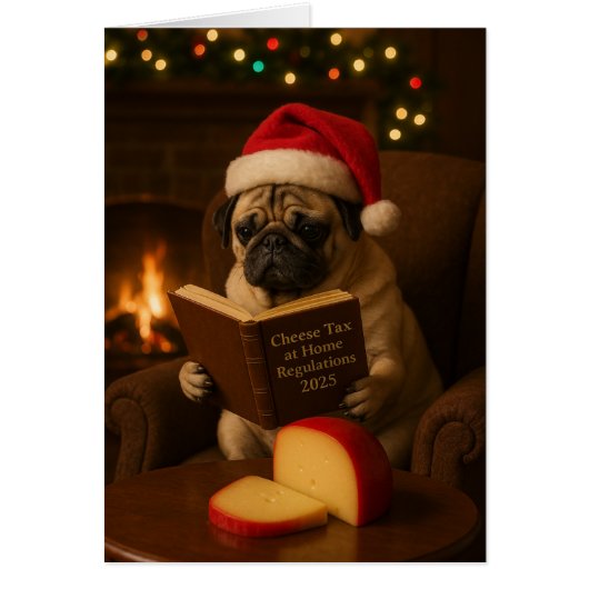 Schattige Pug 'Kaasbelasting' kerstkaart (Voorkant)