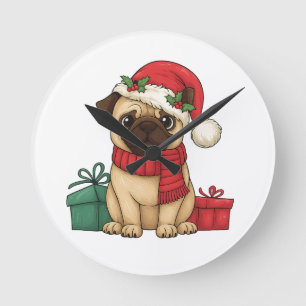 Schattige Pug Kerstman Kerstcadeau Illustratie Ronde Klok