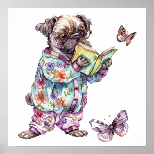 Schattige pug lezen boek Klein Poster (Voorkant)