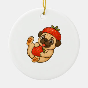 Schattige pug met aardbeien cartoon zoete fruitige keramisch ornament