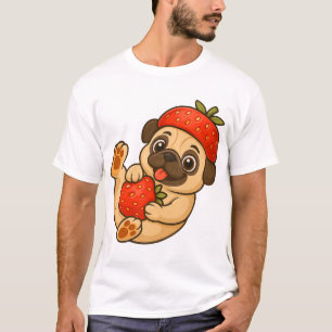 Schattige pug met aardbeien cartoon zoete fruitige t-shirt