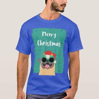 Schattige pug met zonnebril en kerstmanhoed vrolij t-shirt