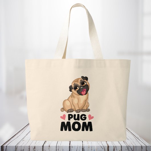 Schattige Pug Moeder Cartoon Puppy Hondenliefhebbe Grote Tote Bag