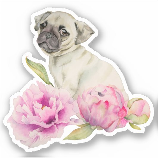 Schattige Pug Puppy Dog Pink Floral Sticker (Voorkant)