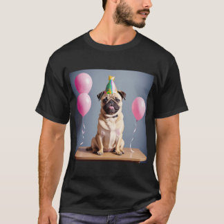 Schattige Pug-puppy op verjaardagsfeestje met fees T-shirt