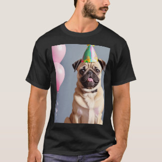 Schattige Pug-puppy op verjaardagsfeestje met fees T-shirt