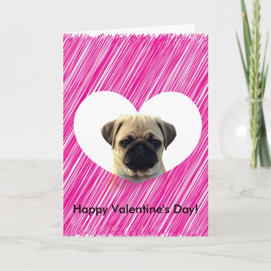 Schattige Pug Puppy Roze Hart Happy Valentijnsdag Feestdagen Kaart (Voorkant)