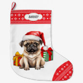 Schattige Pug Puppy Santa Hoed Sneeuwvlok Grote Kerstsok (Voorkant)