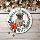 Schattige Pug Puppy Waterverf Poinsettia Keramisch Ornament