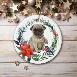 Schattige Pug Puppy Waterverf Poinsettia Keramisch Ornament