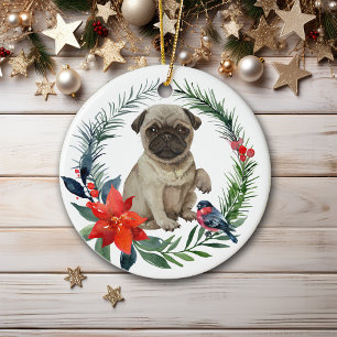 Schattige Pug Puppy Waterverf Poinsettia Keramisch Ornament