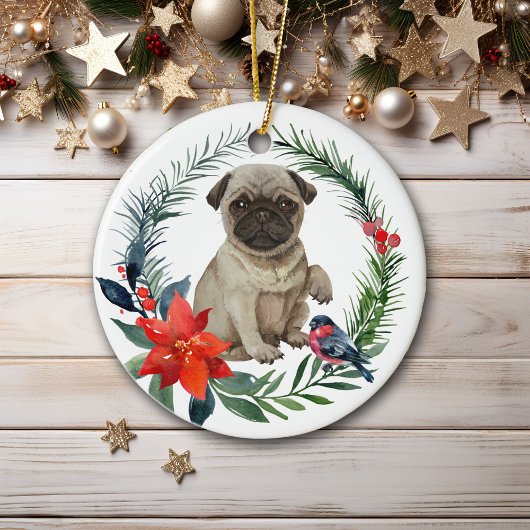 Schattige Pug Puppy Waterverf Poinsettia Keramisch Ornament