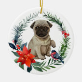 Schattige Pug Puppy Waterverf Poinsettia Keramisch Ornament (Voorkant)