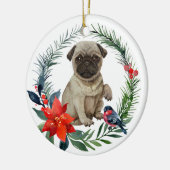 Schattige Pug Puppy Waterverf Poinsettia Keramisch Ornament (Links)