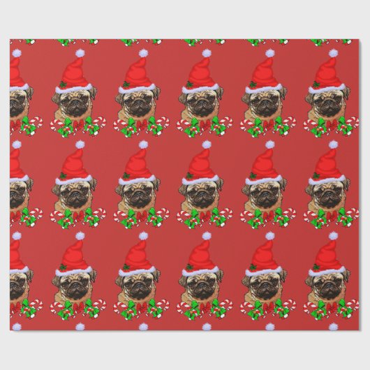 Schattige Pug Santa Hat Christmas Cadeaupapier (Vlak)
